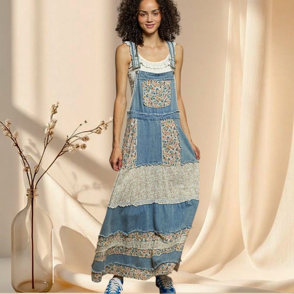 POL Denim Overall Maxi Dress | Patchwork Floral Lace - Picture 3 of 8